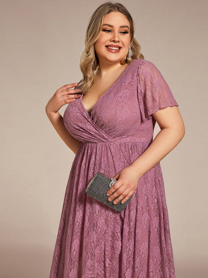 MsDresslyEP Formal Dress Pleated V-Neck Short Sleeve Ruffled Lace Evening Dress