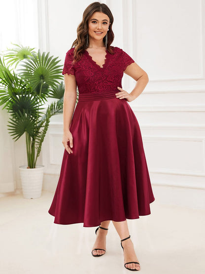 MsDresslyEP Formal Dress Romantic V-neck Lace Bodice Wedding Guest Dress with Pockets