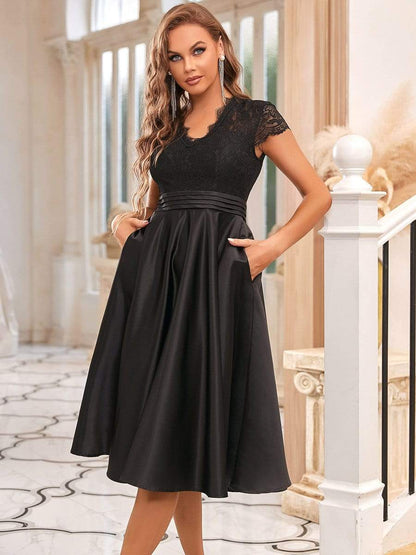 MsDresslyEP Formal Dress Romantic V-neck Lace Bodice Wedding Guest Dress with Pockets