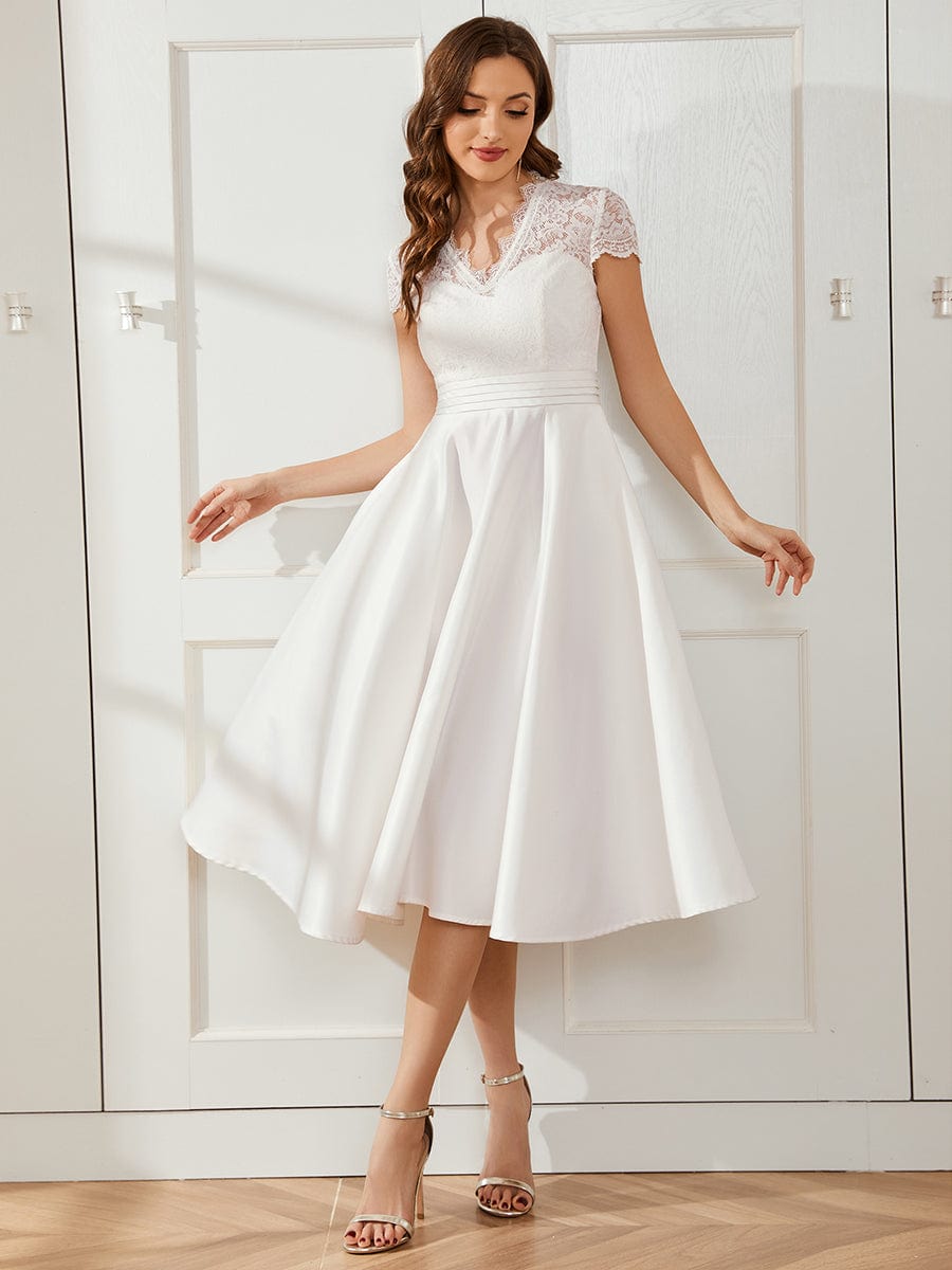 MsDresslyEP Formal Dress Romantic V-neck Lace Bodice Wedding Guest Dress with Pockets