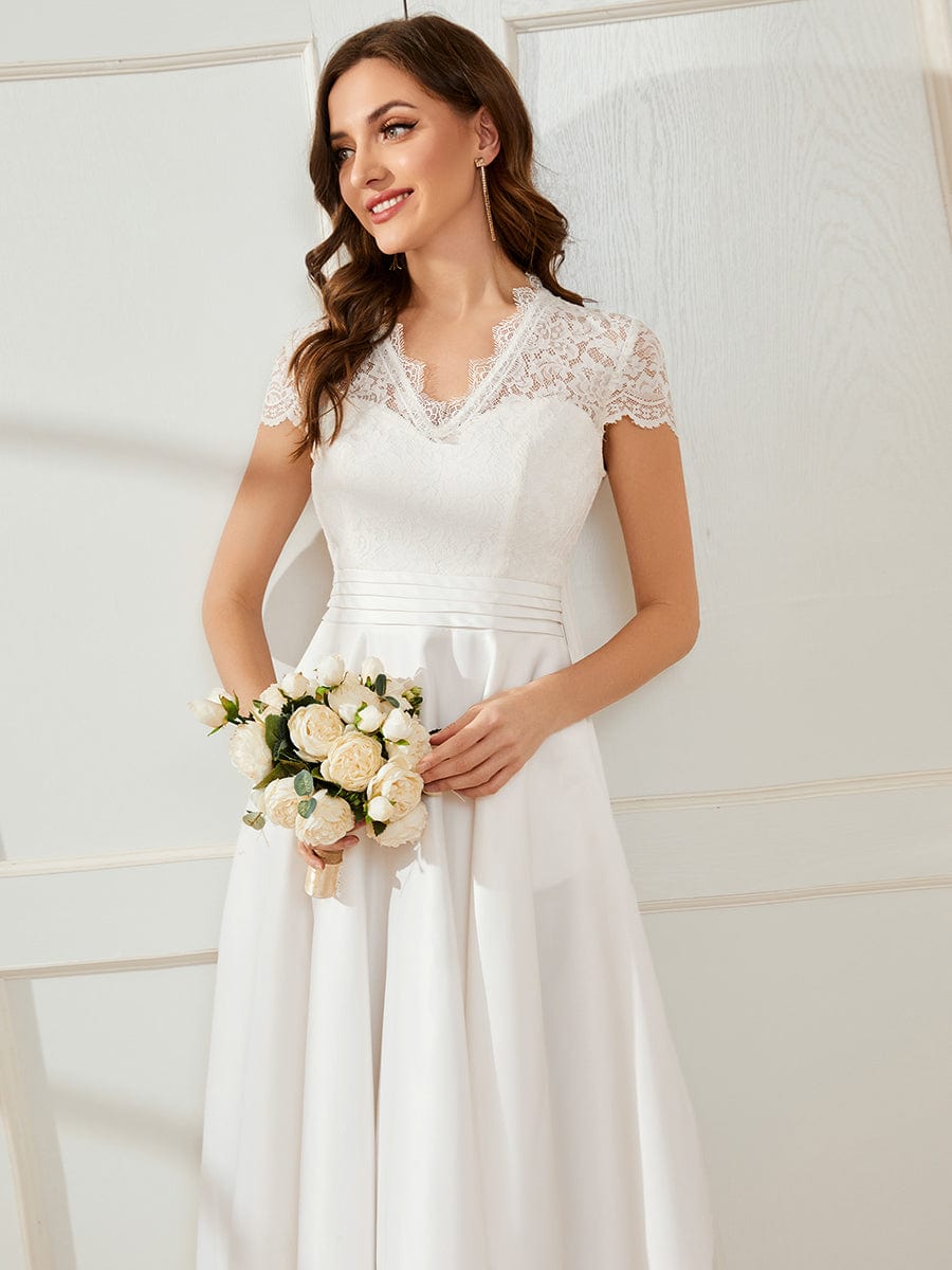 MsDresslyEP Formal Dress Romantic V-neck Lace Bodice Wedding Guest Dress with Pockets