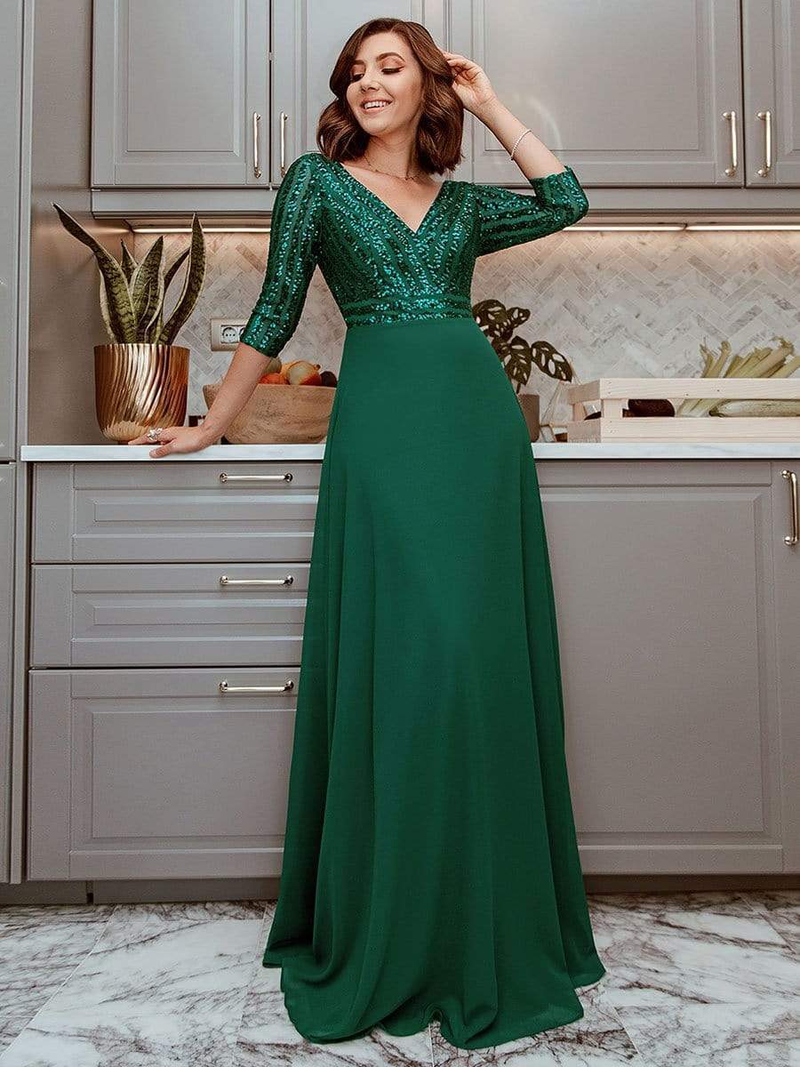 MsDresslyEP Formal Dress Sexy V Neck Sequin Evening Dresses with 3/4 Sleeve DRE230970513DGV4