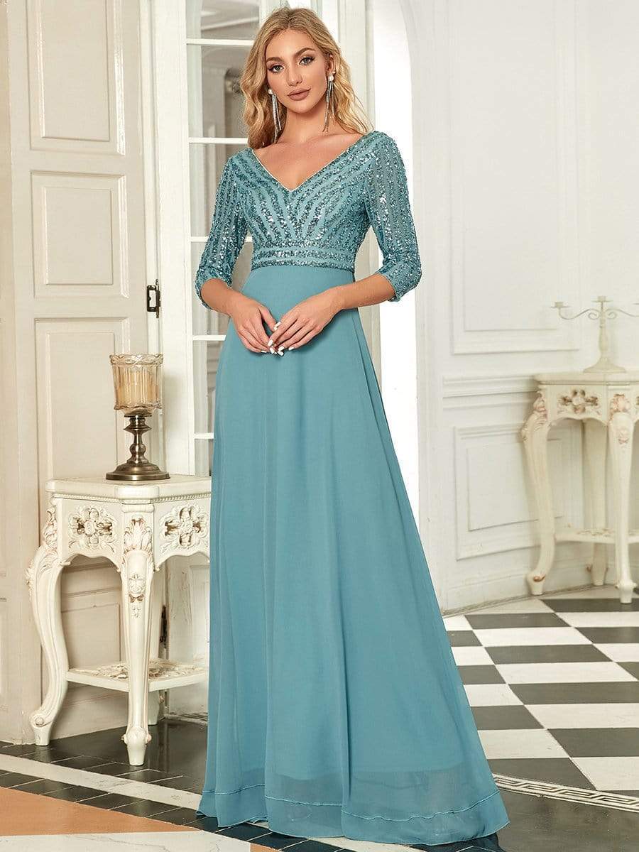 MsDresslyEP Formal Dress Sexy V Neck Sequin Evening Dresses with 3/4 Sleeve DRE230970525DBU4