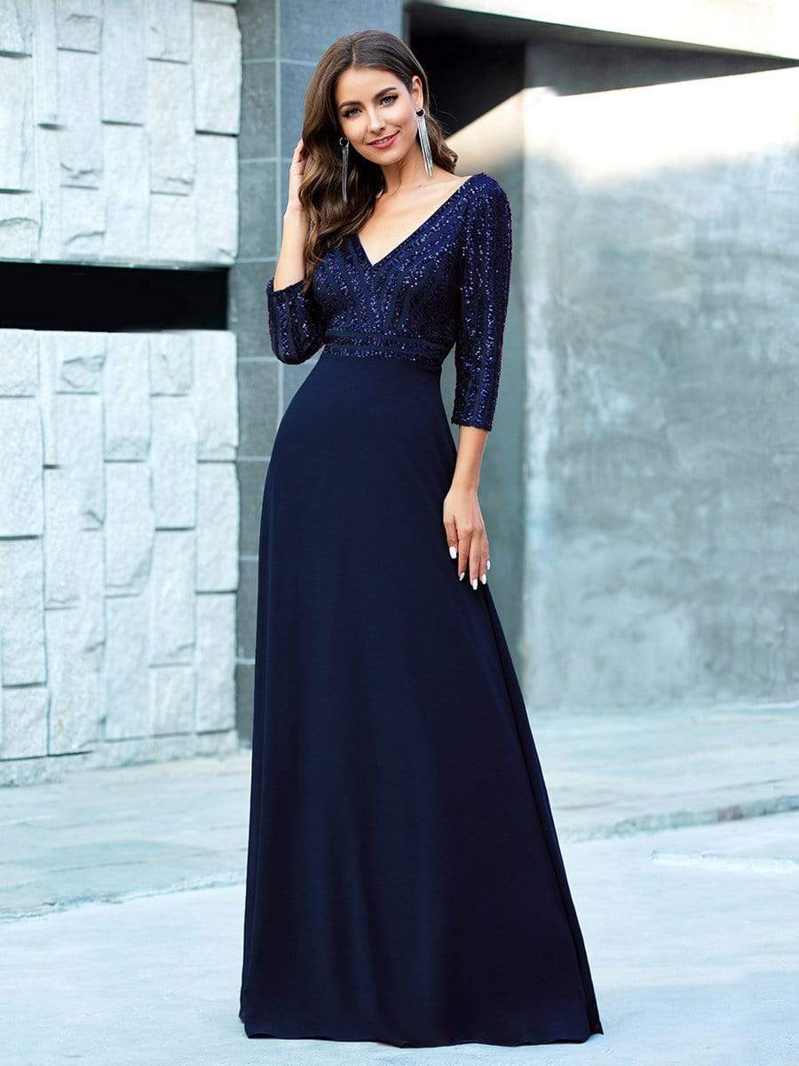 MsDresslyEP Formal Dress Sexy V Neck Sequin Evening Dresses with 3/4 Sleeve