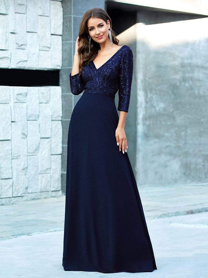 MsDresslyEP Formal Dress Sexy V Neck Sequin Evening Dresses with 3/4 Sleeve