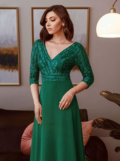 MsDresslyEP Formal Dress Sexy V Neck Sequin Evening Dresses with 3/4 Sleeve