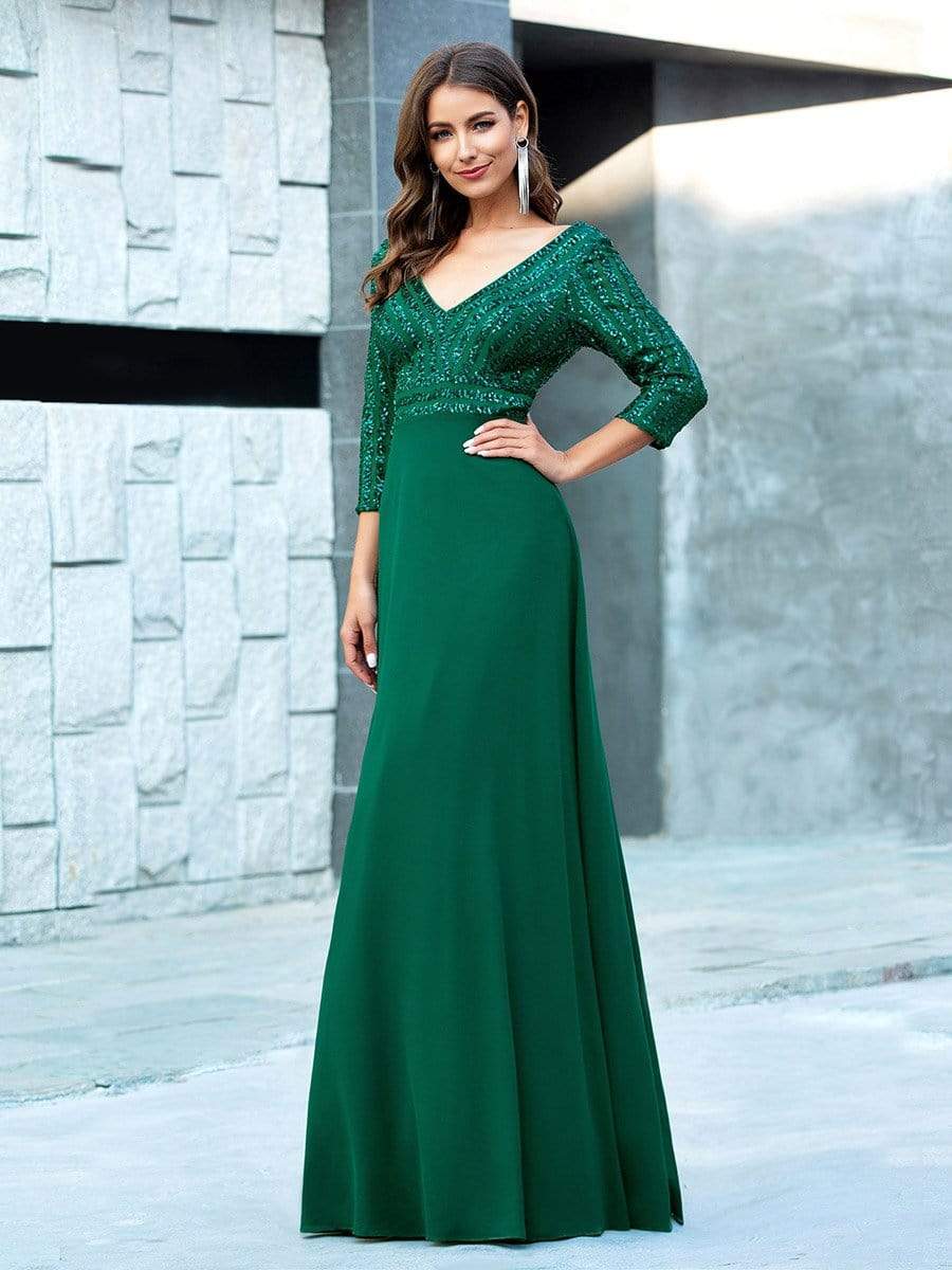 MsDresslyEP Formal Dress Sexy V Neck Sequin Evening Dresses with 3/4 Sleeve