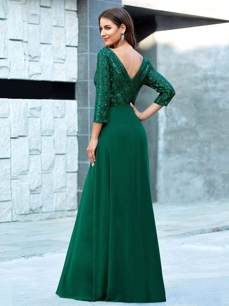 MsDresslyEP Formal Dress Sexy V Neck Sequin Evening Dresses with 3/4 Sleeve