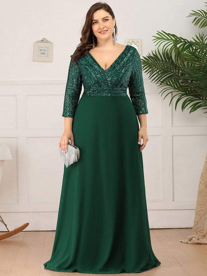 MsDresslyEP Formal Dress Sexy V Neck Sequin Evening Dresses with 3/4 Sleeve