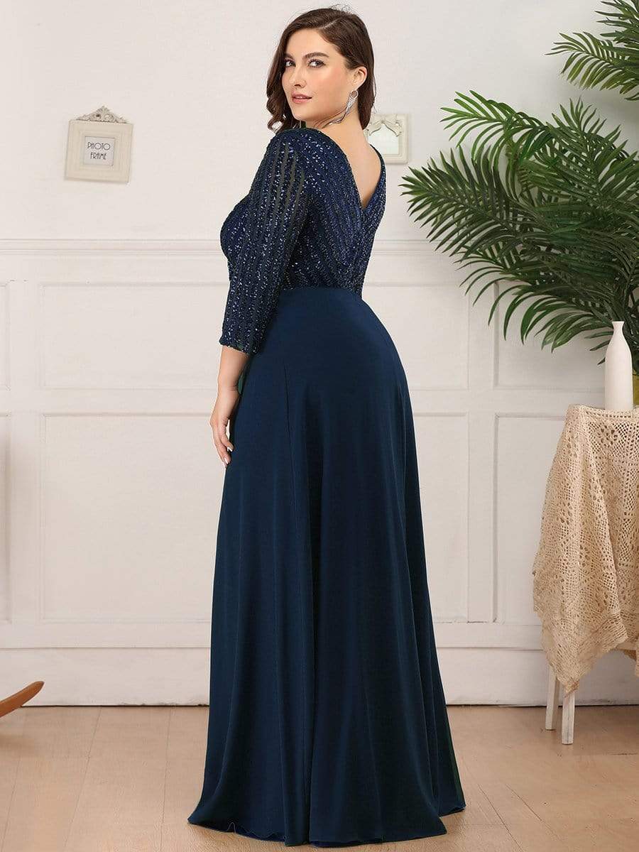 MsDresslyEP Formal Dress Sexy V Neck Sequin Evening Dresses with 3/4 Sleeve