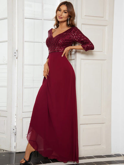 MsDresslyEP Formal Dress Sexy V Neck Sequin Evening Dresses with 3/4 Sleeve