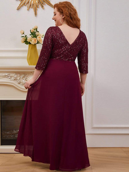 MsDresslyEP Formal Dress Sexy V Neck Sequin Evening Dresses with 3/4 Sleeve