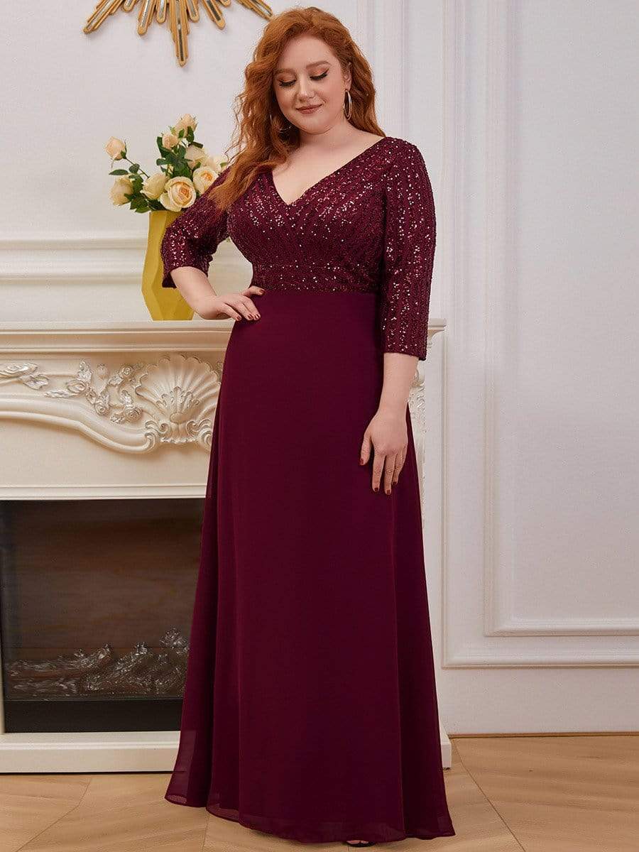 MsDresslyEP Formal Dress Sexy V Neck Sequin Evening Dresses with 3/4 Sleeve