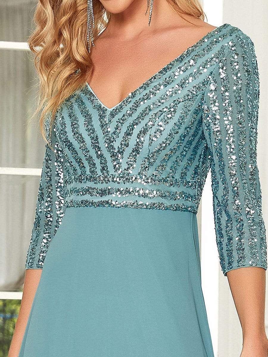 MsDresslyEP Formal Dress Sexy V Neck Sequin Evening Dresses with 3/4 Sleeve