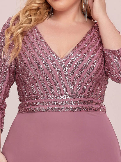 MsDresslyEP Formal Dress Sexy V Neck Sequin Evening Dresses with 3/4 Sleeve