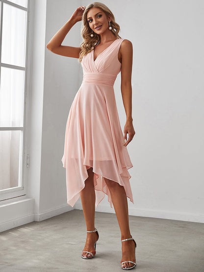 MsDresslyEP Formal Dress V Neck Ruched Asymmetrical Hems Midi Chiffon Bridesmaid Dress DRE230977101PNK4