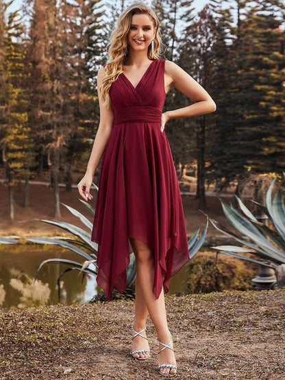 MsDresslyEP Formal Dress V Neck Ruched Asymmetrical Hems Midi Chiffon Bridesmaid Dress DRE230977189BDG4