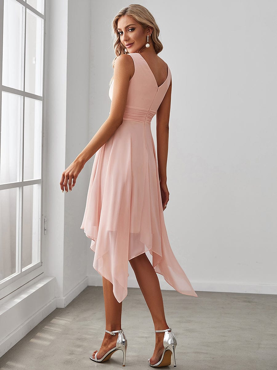 MsDresslyEP Formal Dress V Neck Ruched Asymmetrical Hems Midi Chiffon Bridesmaid Dress