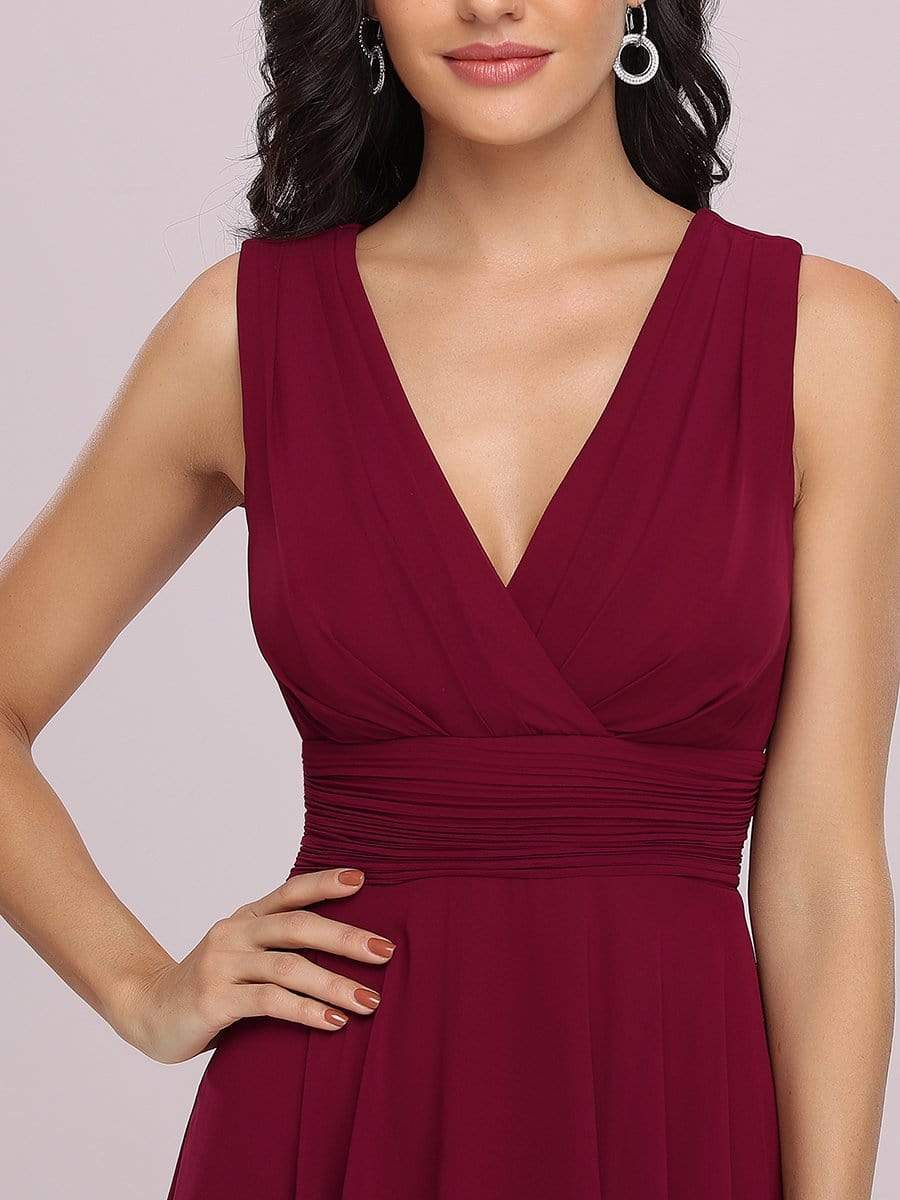 MsDresslyEP Formal Dress V Neck Ruched Asymmetrical Hems Midi Chiffon Bridesmaid Dress