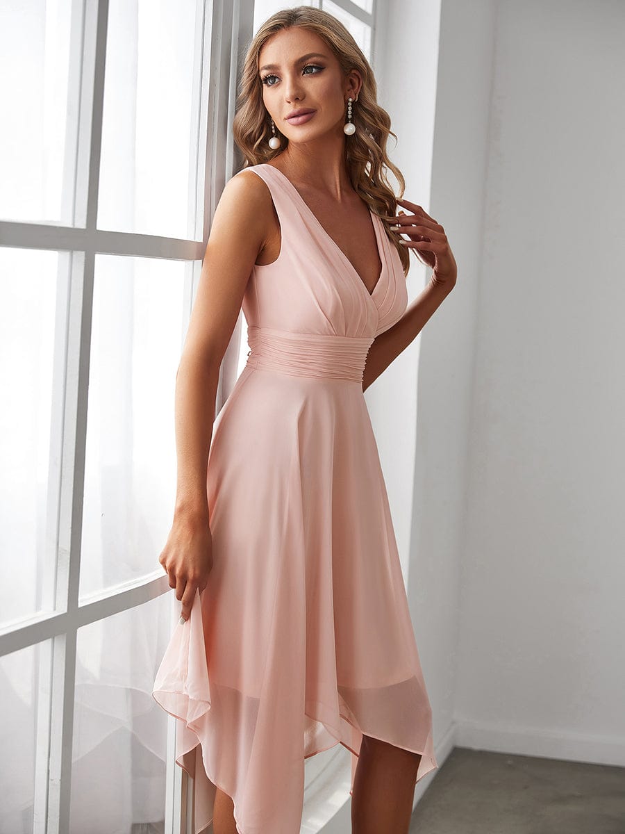 MsDresslyEP Formal Dress V Neck Ruched Asymmetrical Hems Midi Chiffon Bridesmaid Dress