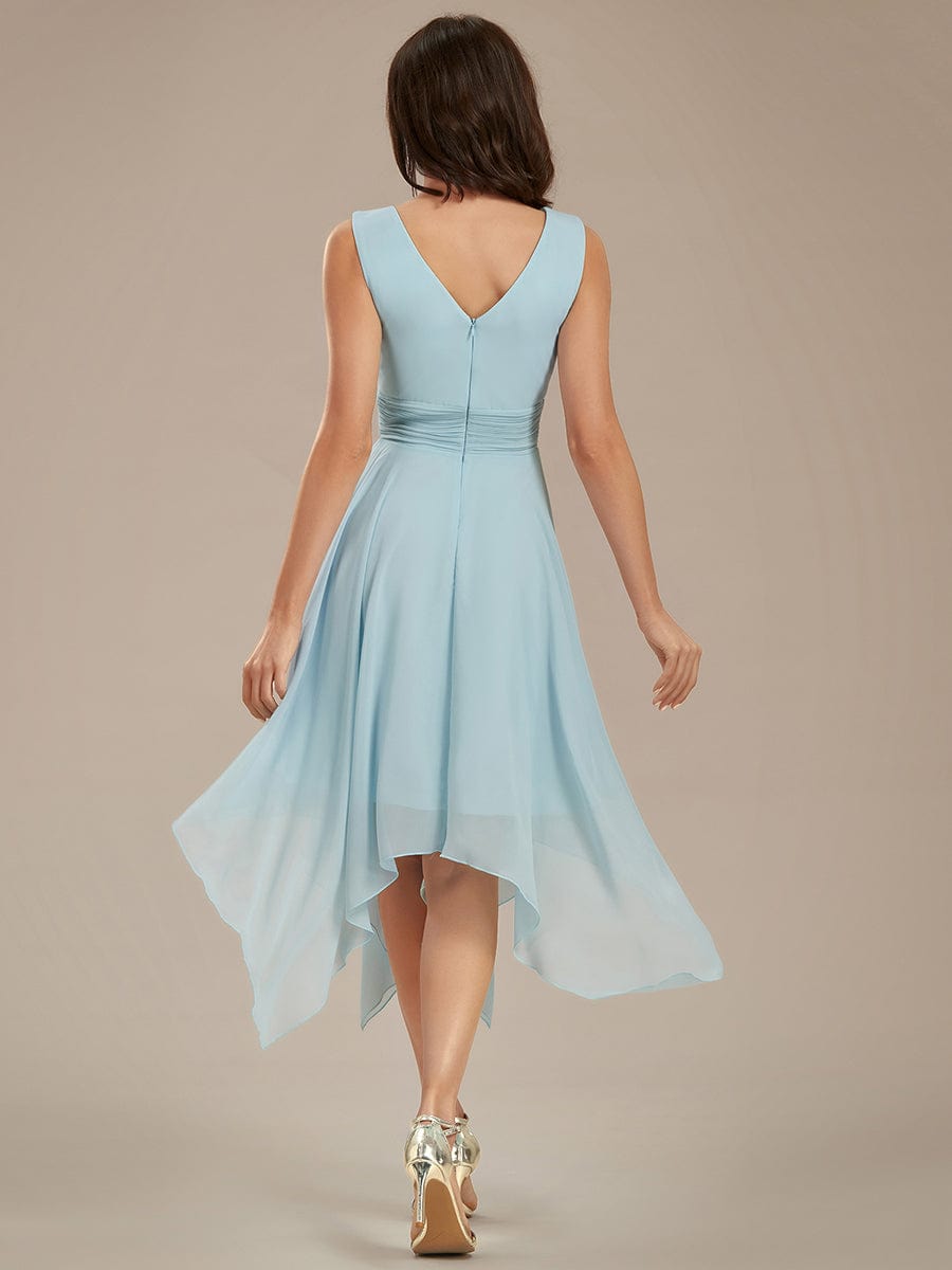 MsDresslyEP Formal Dress V Neck Ruched Asymmetrical Hems Midi Chiffon Bridesmaid Dress