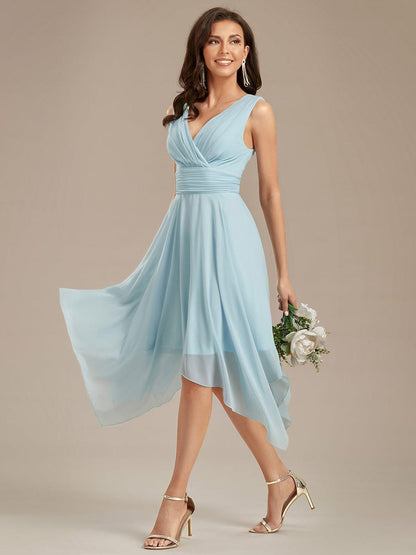 MsDresslyEP Formal Dress V Neck Ruched Asymmetrical Hems Midi Chiffon Bridesmaid Dress