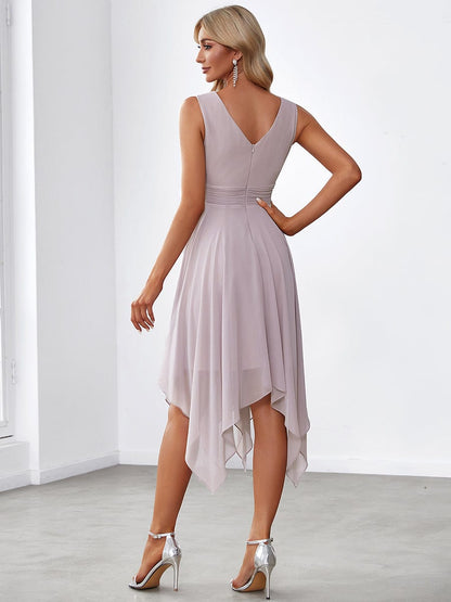 MsDresslyEP Formal Dress V Neck Ruched Asymmetrical Hems Midi Chiffon Bridesmaid Dress