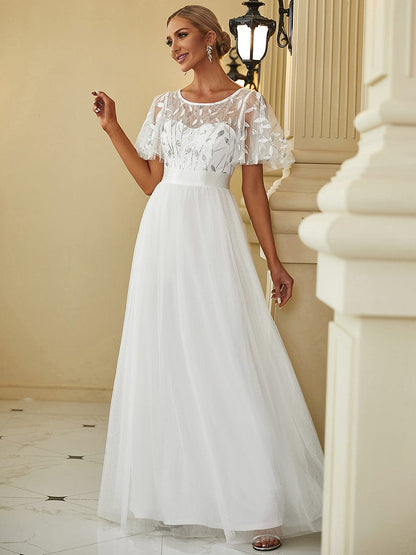 MsDresslyEP Formal Dress Women's A-Line Short Sleeve Embroidery Floor Length Evening Dresses DRE230972037WHT4