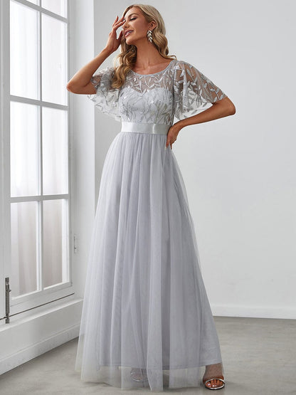 MsDresslyEP Formal Dress Women's A-Line Short Sleeve Embroidery Floor Length Evening Dresses