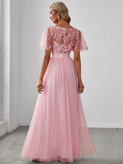 MsDresslyEP Formal Dress Women's A-Line Short Sleeve Embroidery Floor Length Evening Dresses