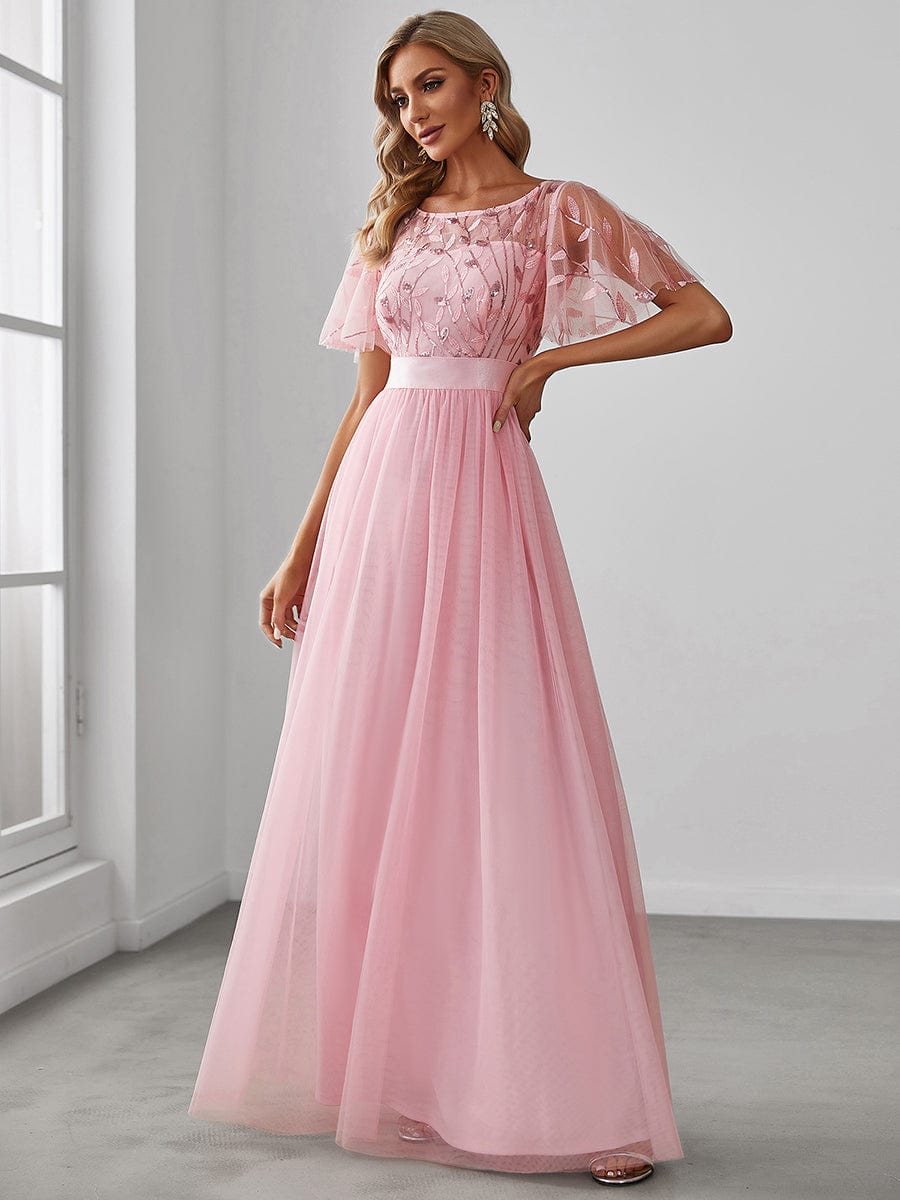 MsDresslyEP Formal Dress Women's A-Line Short Sleeve Embroidery Floor Length Evening Dresses