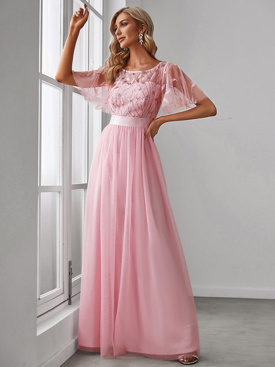 MsDresslyEP Formal Dress Women's A-Line Short Sleeve Embroidery Floor Length Evening Dresses