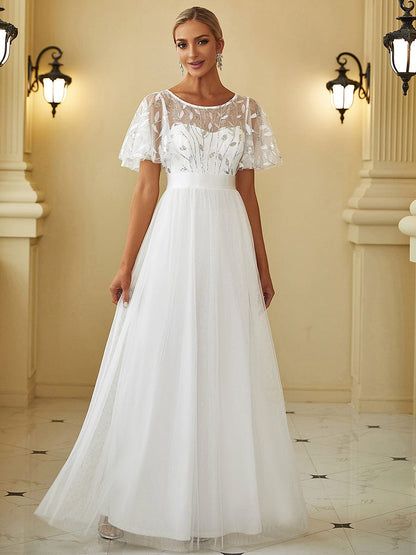 MsDresslyEP Formal Dress Women's A-Line Short Sleeve Embroidery Floor Length Evening Dresses