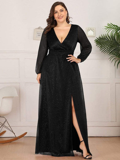 MsDresslyEP Formal Dress Women's Sexy Long Sleeve V-Neck Shiny Evening Dress