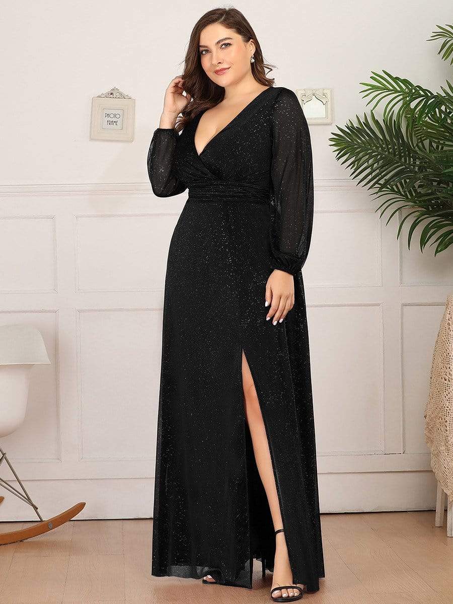 MsDresslyEP Formal Dress Women's Sexy Long Sleeve V-Neck Shiny Evening Dress