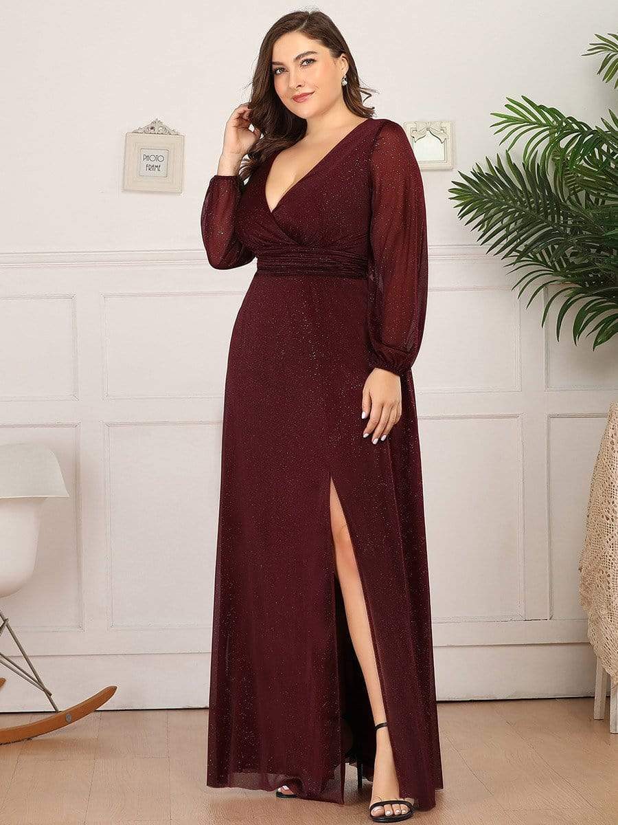 MsDresslyEP Formal Dress Women's Sexy Long Sleeve V-Neck Shiny Evening Dress