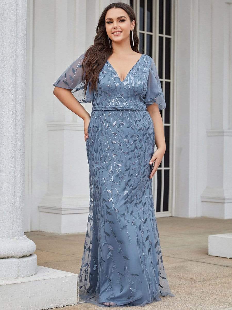 MsDresslyEP Plus Formal Dress Fashion Plus Size V Neck Mermaid Sequin & Tulle Evening Dress DRE230970613DNV16