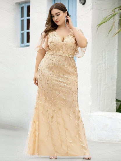 MsDresslyEP Plus Formal Dress Fashion Plus Size V Neck Mermaid Sequin & Tulle Evening Dress