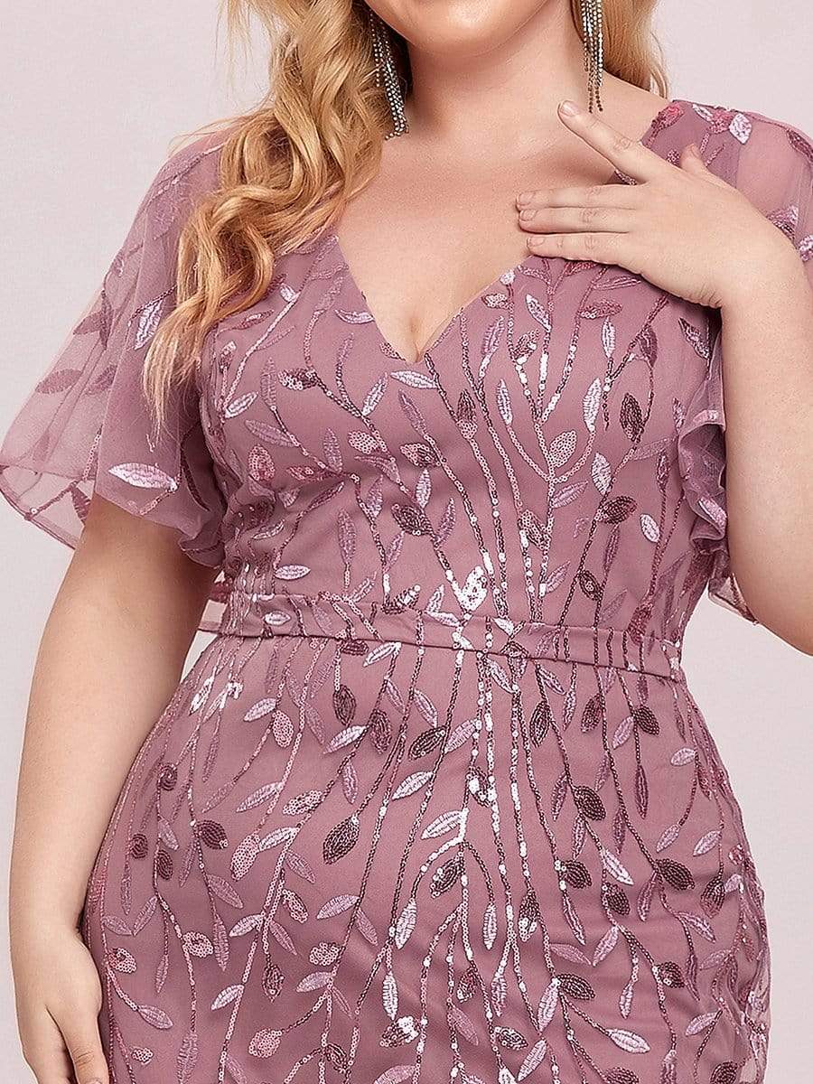 MsDresslyEP Plus Formal Dress Fashion Plus Size V Neck Mermaid Sequin & Tulle Evening Dress