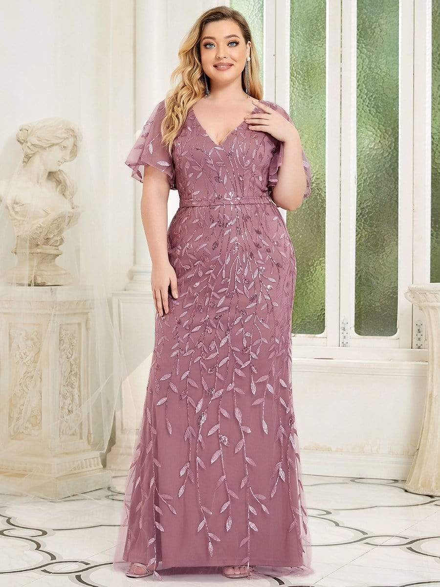 MsDresslyEP Plus Formal Dress Fashion Plus Size V Neck Mermaid Sequin & Tulle Evening Dress