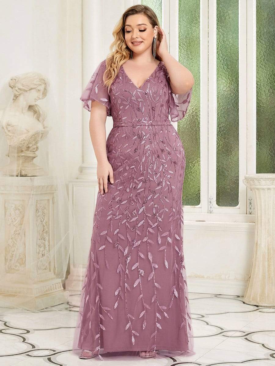 MsDresslyEP Plus Formal Dress Fashion Plus Size V Neck Mermaid Sequin & Tulle Evening Dress
