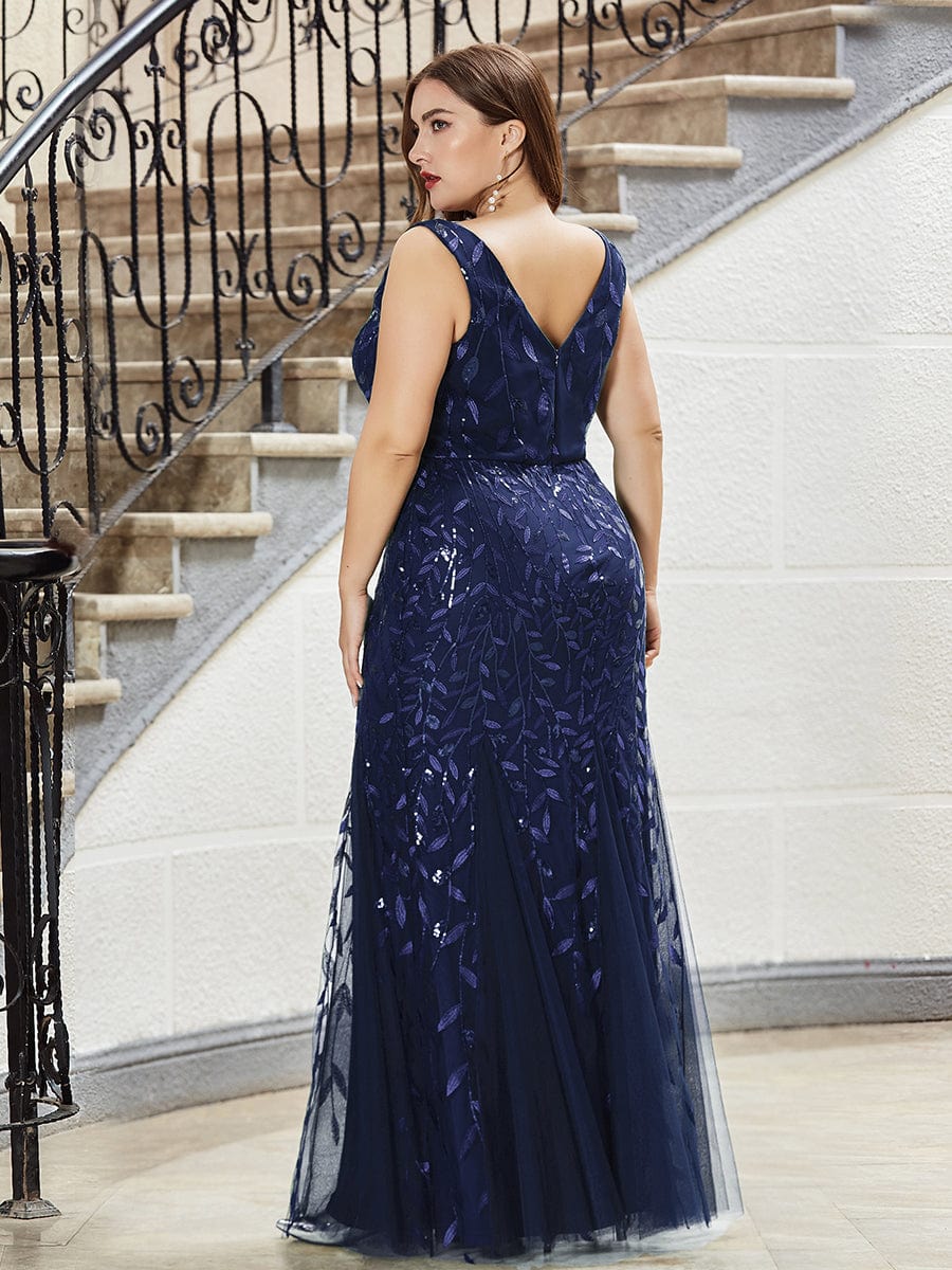 MsDresslyEP Plus Formal Dress Plus Size Double V-Neck Fishtail Sequin Formal Maxi Evening Dress