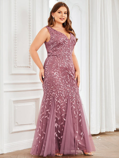 MsDresslyEP Plus Formal Dress Plus Size Double V-Neck Fishtail Sequin Formal Maxi Evening Dress