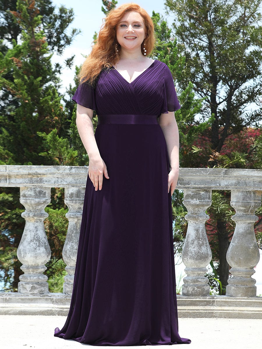 MsDresslyEP Plus Formal Dress Plus Size Empire Waist V Back Bridesmaid Dress with Short Sleeves