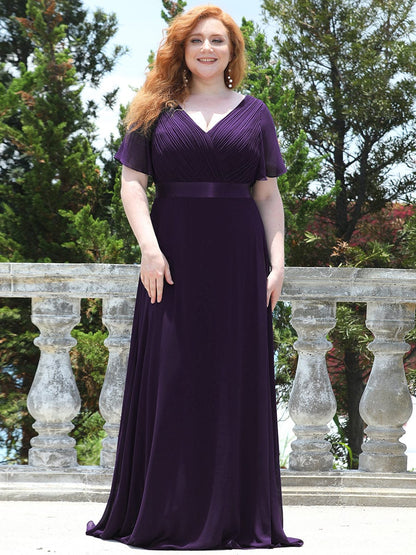 MsDresslyEP Plus Formal Dress Plus Size Empire Waist V Back Bridesmaid Dress with Short Sleeves