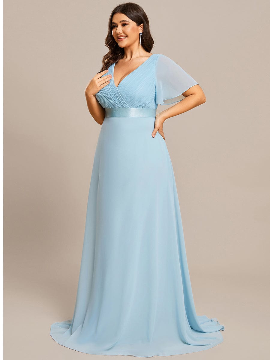MsDresslyEP Plus Formal Dress Plus Size Empire Waist V Back Bridesmaid Dress with Short Sleeves