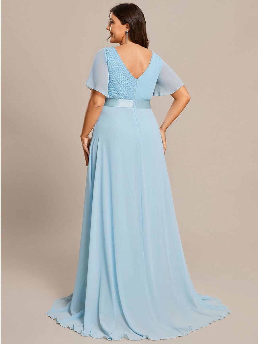 MsDresslyEP Plus Formal Dress Plus Size Empire Waist V Back Bridesmaid Dress with Short Sleeves