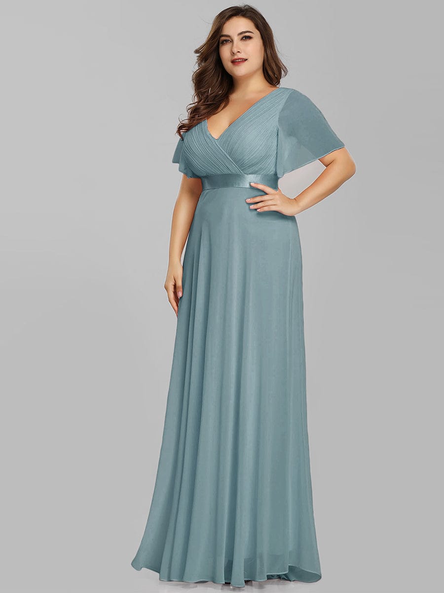 MsDresslyEP Plus Formal Dress Plus Size Empire Waist V Back Bridesmaid Dress with Short Sleeves