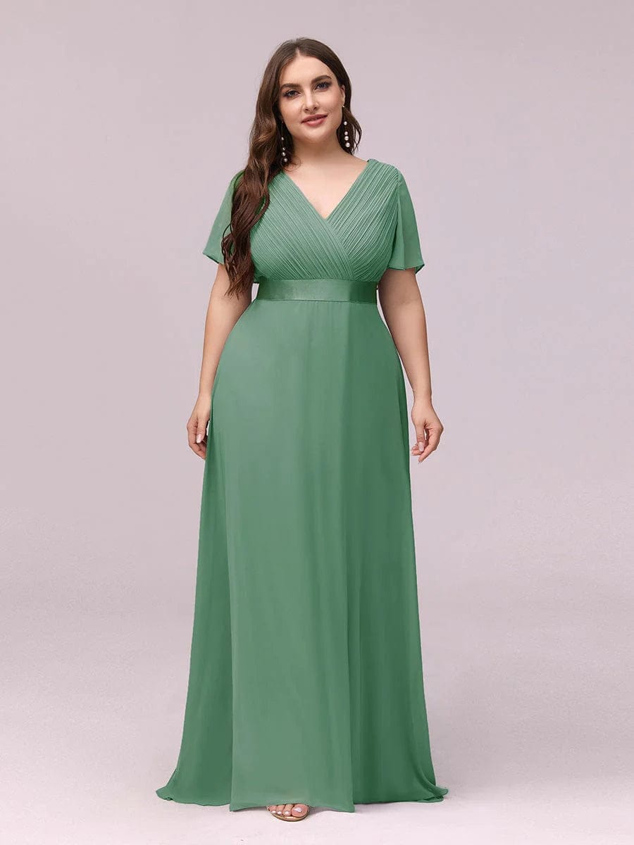 MsDresslyEP Plus Formal Dress Plus Size Empire Waist V Back Bridesmaid Dress with Short Sleeves