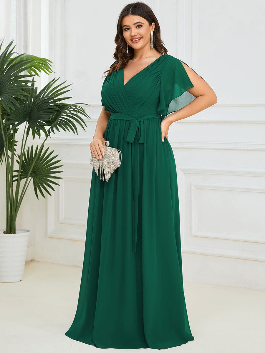 MsDresslyEP Plus Formal Dress Plus Size Ruffle Pleated Chiffon Tie-Waist Evening Dress